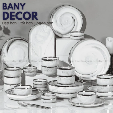 Bộ Tô Chén Dĩa Vân Đá Cẩm Thạch Trắng Viền Bạch Kim Sang Trọng - Giá Ưu Đãi 426.000₫ - Bany Decor Bảo Hành Vận