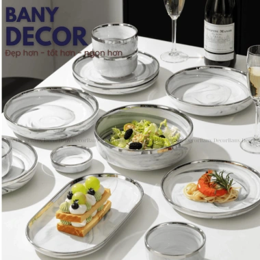 Bộ Tô Chén Dĩa Vân Đá Cẩm Thạch Trắng Viền Bạch Kim Sang Trọng - Giá Ưu Đãi 426.000₫ - Bany Decor Bảo Hành Vận