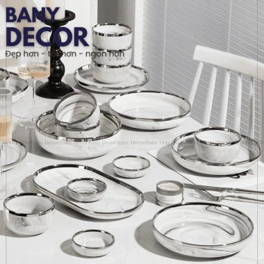 Bộ Tô Chén Dĩa Vân Đá Cẩm Thạch Trắng Viền Bạch Kim Sang Trọng - Giá Ưu Đãi 426.000₫ - Bany Decor Bảo Hành Vận