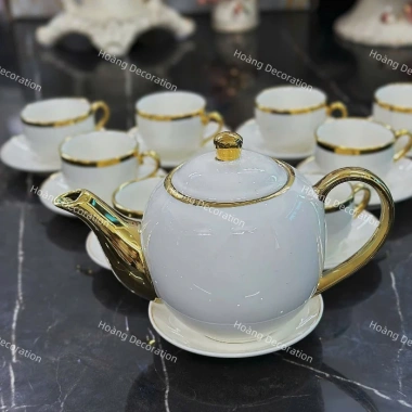 Bộ trà 10 chén - đĩa lót trắng viền vàng, tách phà, hộp quà - Giá chỉ 695.000 VND