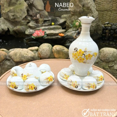 Bộ Trà & Nậm Rựu Cúng Gia Tiên - Phù hợp Bát Đĩa Hoa Mặt Trời Gốm Sứ Bát Tràng