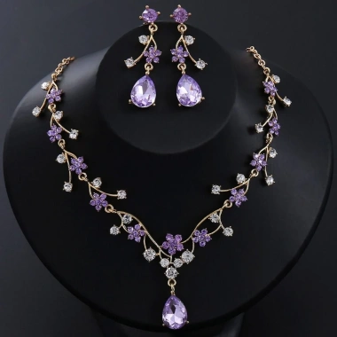 Bộ trang sức cô dâu thả nước - Kim cương giả sáng bóng, bông tai và vòng cổ choker vàng 3