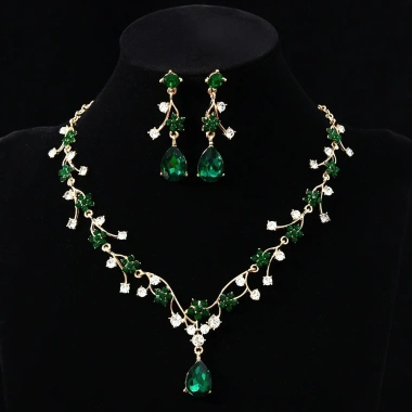 Bộ trang sức cô dâu thả nước - Kim cương giả sáng bóng, bông tai và vòng cổ choker vàng 10