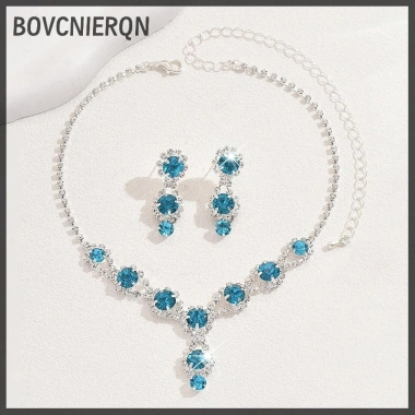 Bộ Trang Sức Đỏ/Xanh/Bạc - Vòng Cổ, Vòng Tay, Bông Tai Zircon Pha Lê - Giá chỉ 88.770₫