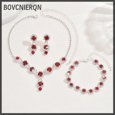Bộ Trang Sức Đỏ/Xanh/Bạc - Vòng Cổ, Vòng Tay, Bông Tai Zircon Pha Lê - Giá chỉ 88.770₫