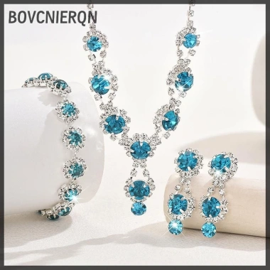 Bộ Trang Sức Đỏ/Xanh/Bạc - Vòng Cổ, Vòng Tay, Bông Tai Zircon Pha Lê - Giá chỉ 88.770₫