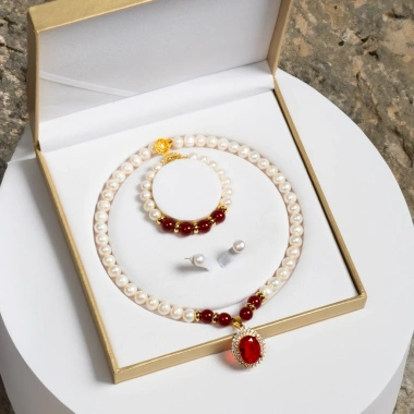 Bộ Trang Sức Ngọc Trai Khóa Bạc 925 10ly Đá Đỏ Lớn Ngọc Trai Trường Thịnh