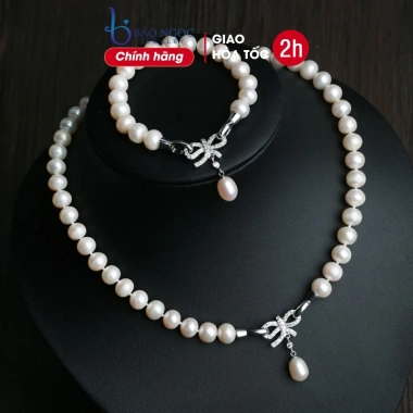 Bộ trang sức ngọc trai tự nhiên - Mặt nơ đính hạt ngọc, 8/3 tặng mẹ, tặng bà, chỉ 1.761.000đ