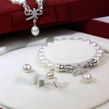 Bộ trang sức ngọc trai tự nhiên - Mặt nơ đính hạt ngọc, 8/3 tặng mẹ, tặng bà, chỉ 1.761.000đ