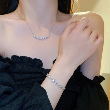 Bộ Trang Sức Nữ Dây Chuyền Hình V Giọt Nước và Vòng Tay Bông Lúa Đính Đá CZ Thanh Lịch