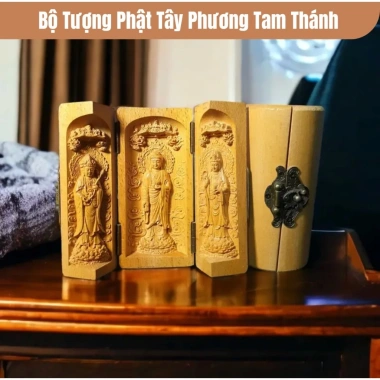 Bộ Tượng Tam Thánh Gỗ Hoàng Dương Mini, Du Lịch, Đi Làm, Trang Nghiêm, Giá 200k