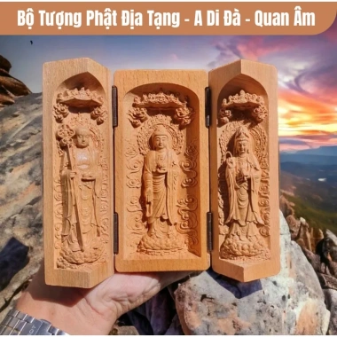 Bộ Tượng Tam Thánh Gỗ Hoàng Dương Mini, Du Lịch, Đi Làm, Trang Nghiêm, Giá 200k