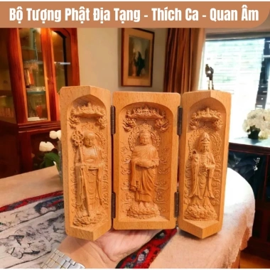 Bộ Tượng Tam Thánh Gỗ Hoàng Dương Mini, Du Lịch, Đi Làm, Trang Nghiêm, Giá 200k