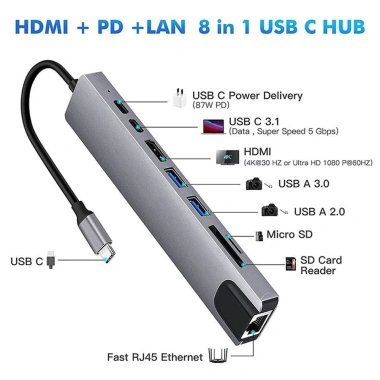 Bộ USB‑C Hub 8 trong 1 đa cổng 4K HD, RJ45, USB3.0, PD sạc, đọc thẻ TF/SD – 143.000₫ 5 Bộ USB‑C Hub 8 trong 1 đa cổng 4K HD, RJ45, USB3.0, PD sạc, đọc thẻ TF/SD – 143.000₫ 5