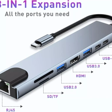 Bộ USB‑C Hub 8 trong 1 đa cổng 4K HD, RJ45, USB3.0, PD sạc, đọc thẻ TF/SD – 143.000₫