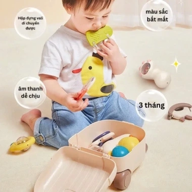 Bộ Vali Gặm Nướu 10 Món Xúc Xắc Lục Lạc Nhựa ABS Cao Cấp An Toàn Tặng Hộp Đựng Bé 5