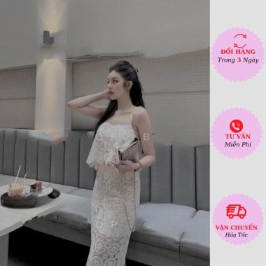 Bộ váy 2 dây ren trắng đi biển dự tiệc cưới, ôm body tiểu thư bánh bèo 231,200₫