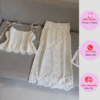 Bộ váy 2 dây ren trắng đi biển dự tiệc cưới, ôm body tiểu thư bánh bèo 231,200₫
