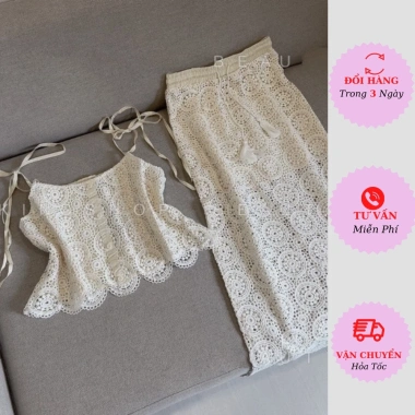 Bộ váy 2 dây ren trắng đi biển dự tiệc cưới, ôm body tiểu thư bánh bèo 231,200₫