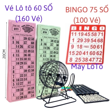 Bộ Vé Lô tô 60 số - Thẻ Bingo 75 số - Vé Dò Loto Tết Vui, Máy Loto Bingo Gỗ 44.499