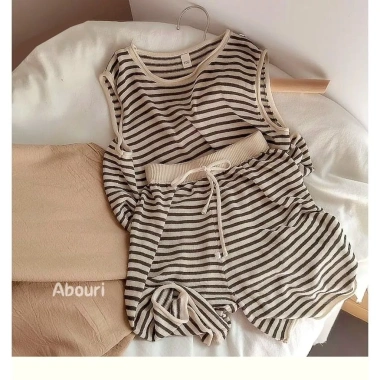 Bộ vest lụa mỏng cho bé trai, bé gái, áo + quần short sọc 5 điểm, sành điệu mùa hè