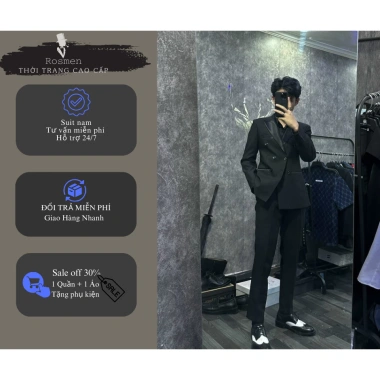 Bộ vest nam đen ve bóng 4 khuy – Áo blazer + Quần tăng chỉnh cạp, còn 825.000₫