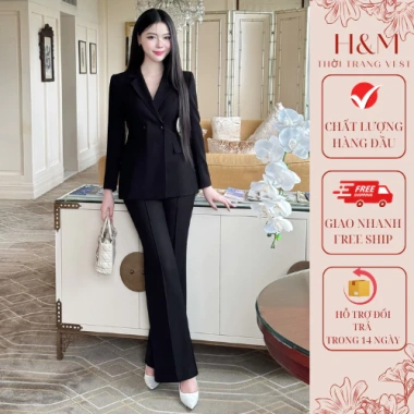 Bộ vest nữ 2 cúc ngang 2.025 – Vest Hàn Quốc đen, quần ống suông sang trọng HMX5.334