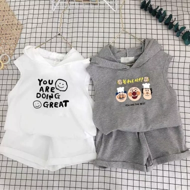 Bộ vest, short, mũ trùm đầu trẻ em mùa hè Hàn Quốc, không tay, in 2 trang phục giảm giá