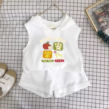Bộ vest, short, mũ trùm đầu trẻ em mùa hè Hàn Quốc, không tay, in 2 trang phục giảm giá