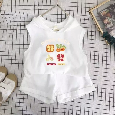 Bộ vest, short, mũ trùm đầu trẻ em mùa hè Hàn Quốc, không tay, in 2 trang phục giảm giá 3 Bộ vest, short, mũ trùm đầu trẻ em mùa hè Hàn Quốc, không tay, in 2 trang phục giảm giá 3