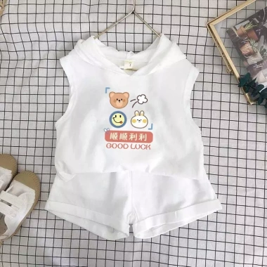 Bộ vest, short, mũ trùm đầu trẻ em mùa hè Hàn Quốc, không tay, in 2 trang phục giảm giá