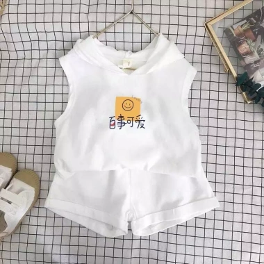 Bộ vest, short, mũ trùm đầu trẻ em mùa hè Hàn Quốc, không tay, in 2 trang phục giảm giá