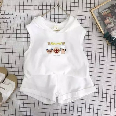 Bộ vest, short, mũ trùm đầu trẻ em mùa hè Hàn Quốc, không tay, in 2 trang phục giảm giá