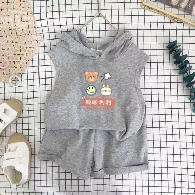 Bộ vest, short, mũ trùm đầu trẻ em mùa hè Hàn Quốc, không tay, in 2 trang phục giảm giá