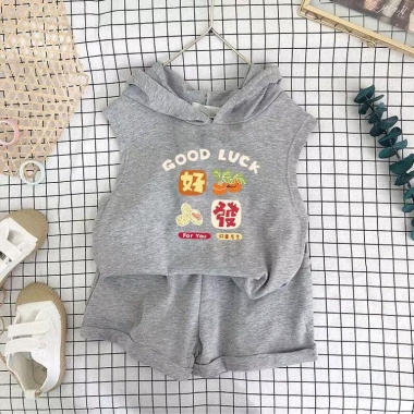 Bộ vest, short, mũ trùm đầu trẻ em mùa hè Hàn Quốc, không tay, in 2 trang phục giảm giá