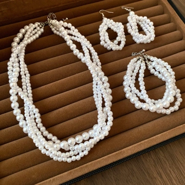 Bộ vòng tay và dây chuyền ngọc trai nhiều lớp phong cách Pháp Retro thanh lịch cho nữ, giá ưu đãi 113.740₫