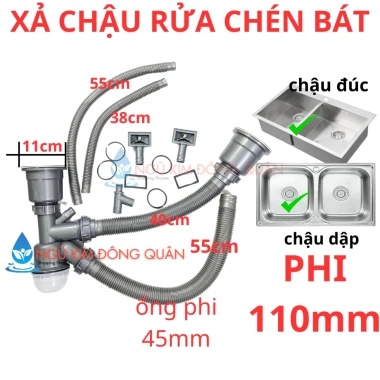 Bộ Xả Bồn Rửa Chén Đôi Xi Phông Phi 110 11cm Giá chỉ 92.020đ, phù hợp chậu dập 3