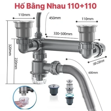 Bộ xi phông chậu rửa bát đôi 110mm - Hệ thống thoát nước nhà bếp, ống thoát bồn rửa, giảm giá 210k