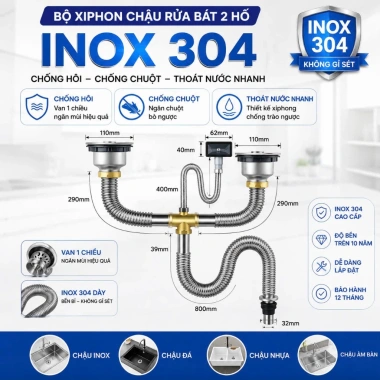 Bô xi phông inox 304 cho chậu rửa bát, chống chuột, thoát nước, bồn rửa chén 2 hộc đôi – 103.000 VND