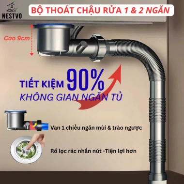 Bộ xi phông thoát nước bồn rửa chén bát 1&2 ngăn 11cm siêu thấp, gọn tủ bếp, van 1 chiều ngăn mùi – Giá 250.000₫