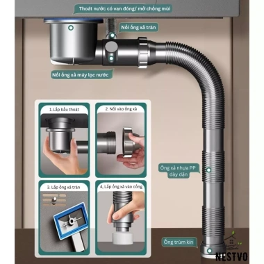 Bộ xi phông thoát nước bồn rửa chén bát 1&2 ngăn 11cm siêu thấp, gọn tủ bếp, van 1 chiều ngăn mùi – Giá 250.000₫