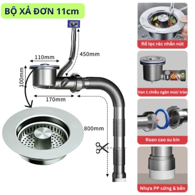 Bộ xi phông thoát nước bồn rửa chén bát 1&2 ngăn 11cm siêu thấp, gọn tủ bếp, van 1 chiều ngăn mùi – Giá 250.000₫