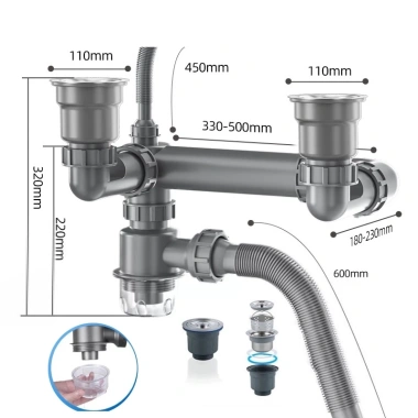 Bộ xi phông xả nước chậu rửa bát, ngăn mùi, chống tắc nghẽn, thoát nhanh 296.000₫
