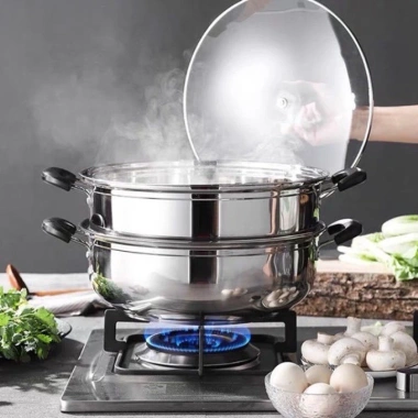 Bộ xửng hấp inox 28cm - Nồi hấp đa năng 2 tầng cao cấp, nắp kính, hấp xôi bánh bao