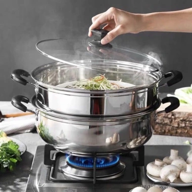 Bộ xửng hấp inox 28cm - Nồi hấp đa năng 2 tầng cao cấp, nắp kính, hấp xôi bánh bao