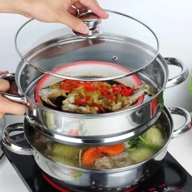 Bộ xửng hấp inox 28cm - Nồi hấp đa năng 2 tầng cao cấp, nắp kính, hấp xôi bánh bao