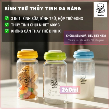 BOBISU Bình Trữ Sữa Thủy Tinh 260ml - Chịu Nhiệt Cao, An Toàn, Không BPA, Giá 86k