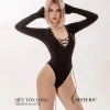 Body suit nữ khoét ngực dây đan, tay loe dài, thun gân ôm dáng, nút bấm màu kem Dionysus 360k 4