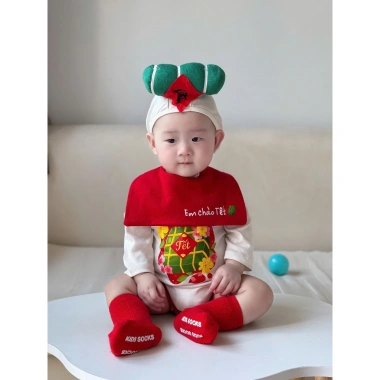Bodysuit Tết dài tay và mũ yếm cho bé, in bánh chưng, cotton mềm mịn, 45k 2