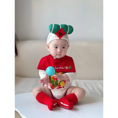 Bodysuit Tết dài tay và mũ yếm cho bé, in bánh chưng, cotton mềm mịn, 45k 6